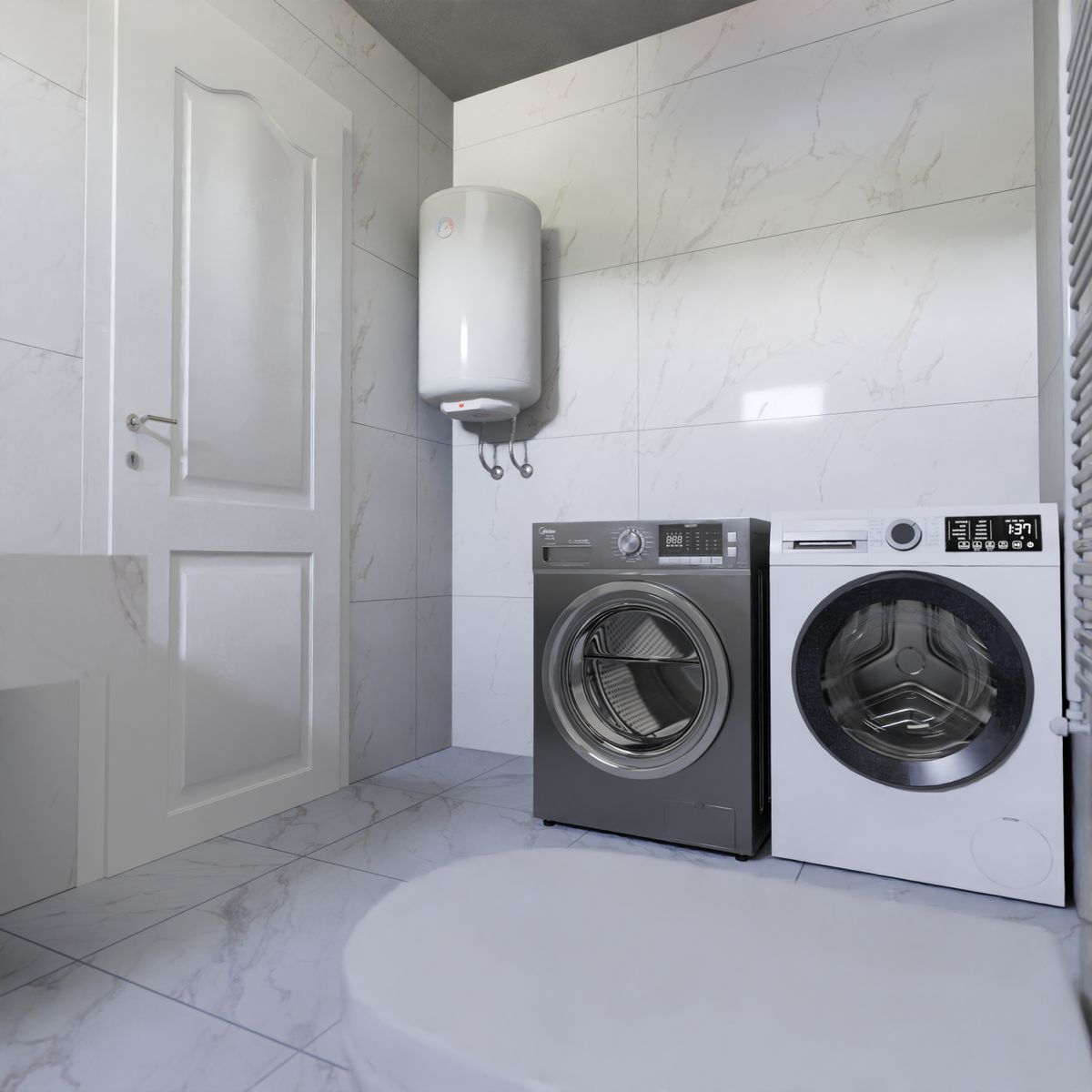 Laundry room with a washer, dryer and wall-mounted water heater
